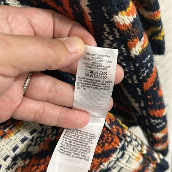 Lucky Brand Navy Orange White Gold Aztec Ribbed Knit Open Front Pocket Cardigan - Picture 10 of 12
